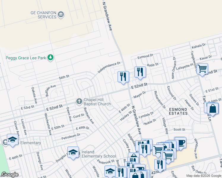 map of restaurants, bars, coffee shops, grocery stores, and more near 2231 East 52nd Street in Odessa