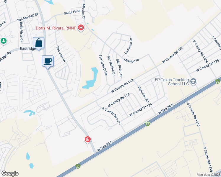 map of restaurants, bars, coffee shops, grocery stores, and more near 2905 San Saba Court in Odessa