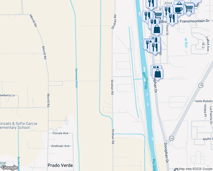 map of restaurants, bars, coffee shops, grocery stores, and more near 6651 Strahan Road in El Paso