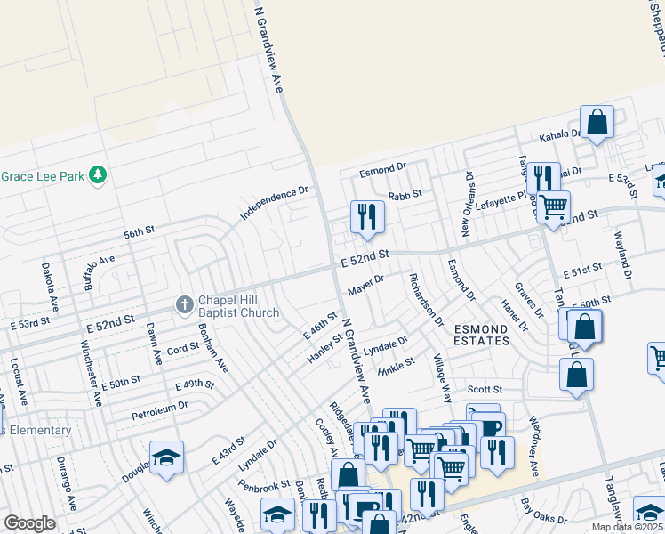 map of restaurants, bars, coffee shops, grocery stores, and more near North Grandview Avenue & East 52nd Street in Odessa
