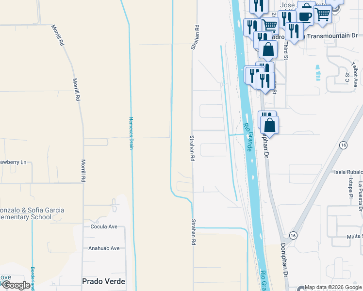 map of restaurants, bars, coffee shops, grocery stores, and more near 6651 Strahan Road in El Paso