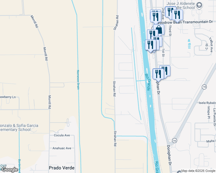 map of restaurants, bars, coffee shops, grocery stores, and more near 6651 Strahan Road in El Paso