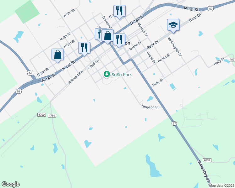 map of restaurants, bars, coffee shops, grocery stores, and more near 190 Prairie Street in Timpson