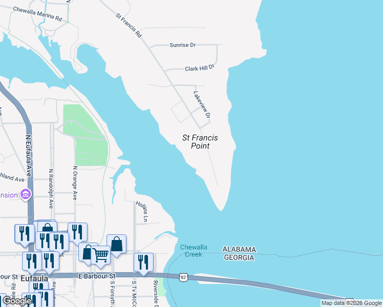 map of restaurants, bars, coffee shops, grocery stores, and more near 506 Saint Francis Road in Eufaula