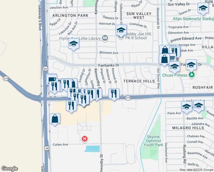 map of restaurants, bars, coffee shops, grocery stores, and more near 10033 Imperial Street in El Paso