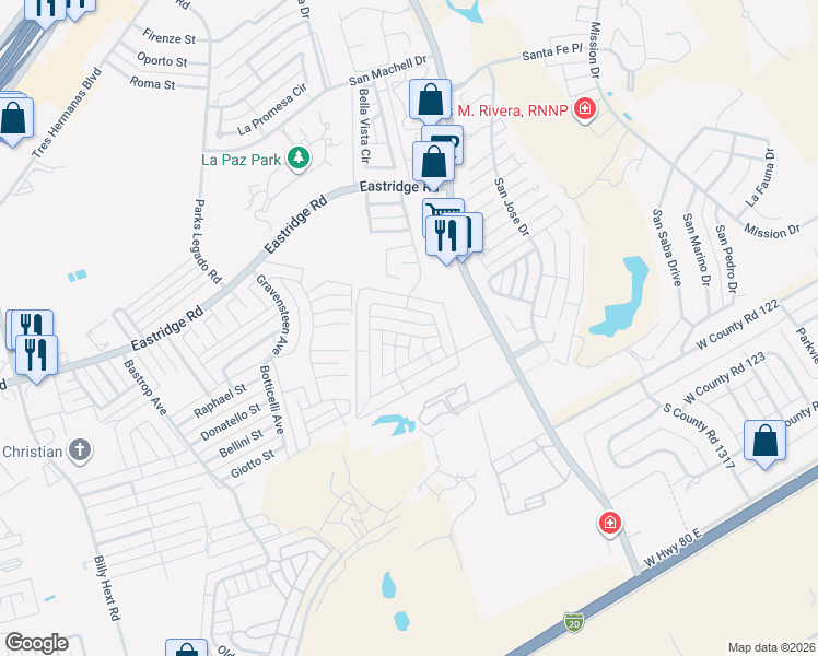 map of restaurants, bars, coffee shops, grocery stores, and more near Verona Drive in Odessa