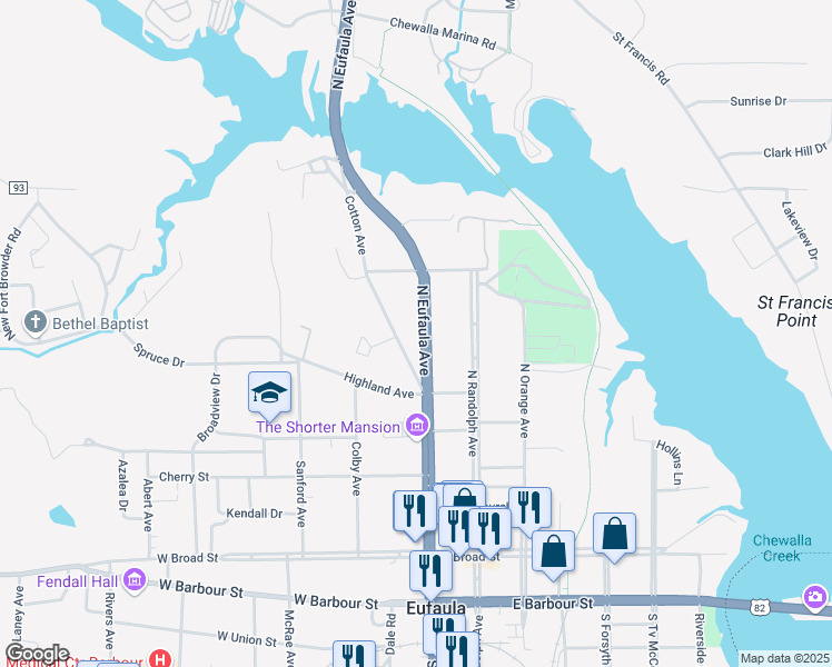 map of restaurants, bars, coffee shops, grocery stores, and more near 640 North Eufaula Avenue in Eufaula