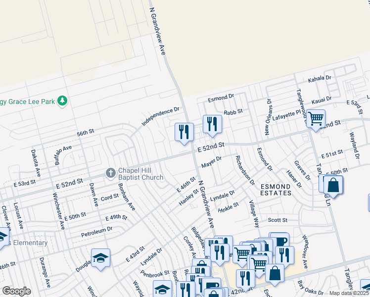 map of restaurants, bars, coffee shops, grocery stores, and more near 2237 East 52nd Street in Odessa
