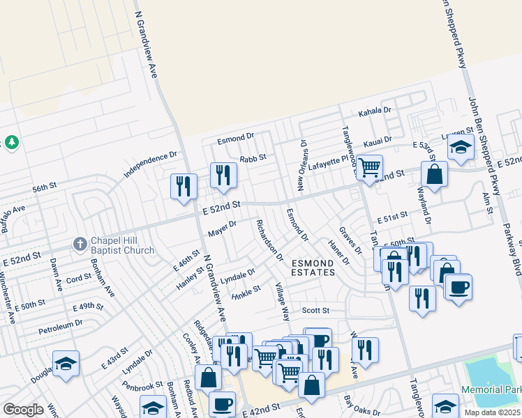 map of restaurants, bars, coffee shops, grocery stores, and more near 5144 Richardson Drive in Odessa
