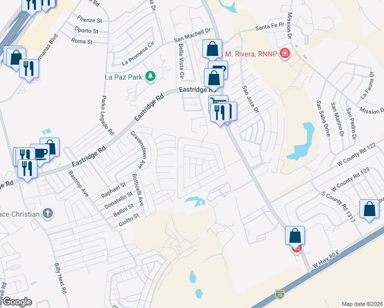 map of restaurants, bars, coffee shops, grocery stores, and more near 3300 Marksburg Avenue in Odessa