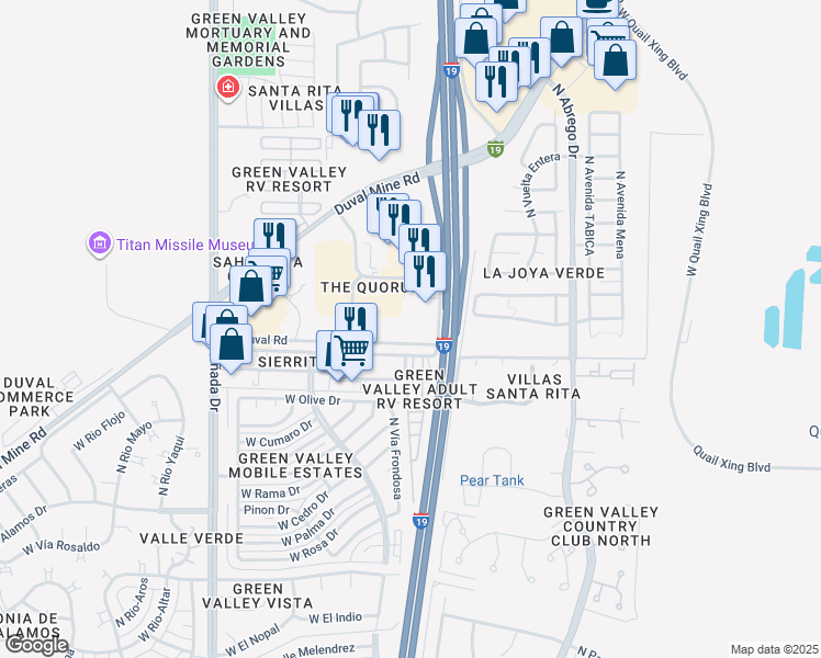 map of restaurants, bars, coffee shops, grocery stores, and more near 1030 West Duval Road in Green Valley