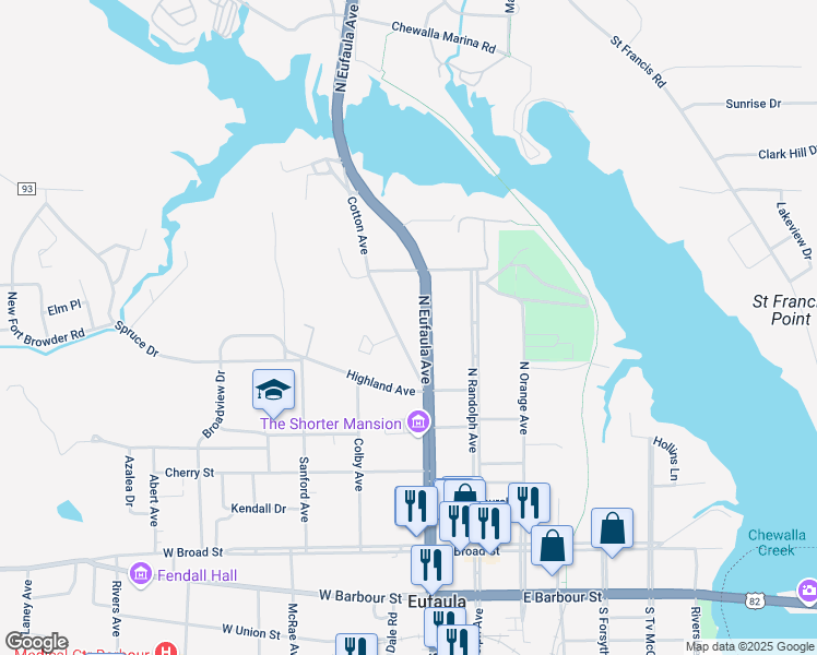 map of restaurants, bars, coffee shops, grocery stores, and more near 640 North Eufaula Avenue in Eufaula