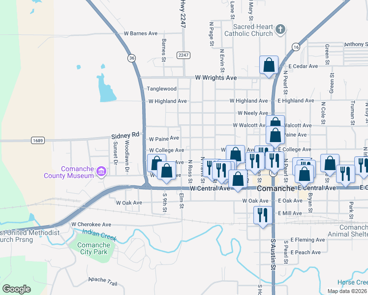 map of restaurants, bars, coffee shops, grocery stores, and more near 400 North Elm Street in Comanche