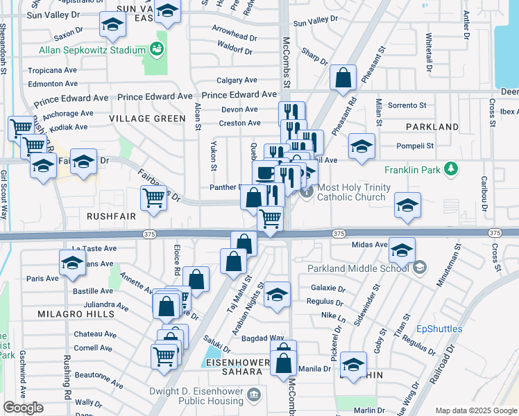 map of restaurants, bars, coffee shops, grocery stores, and more near 5720 Fairbanks Drive in El Paso