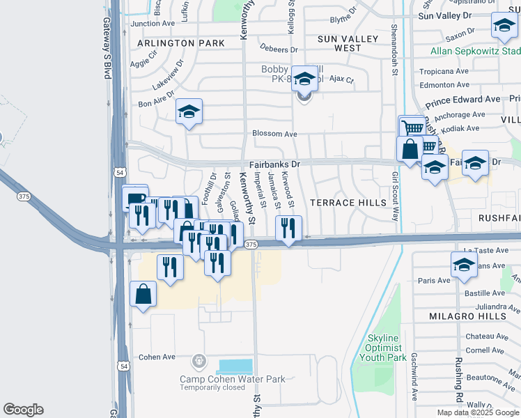 map of restaurants, bars, coffee shops, grocery stores, and more near 10033 Imperial Street in El Paso