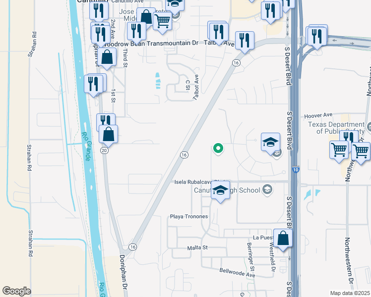 map of restaurants, bars, coffee shops, grocery stores, and more near State Highway Spur 16 in El Paso