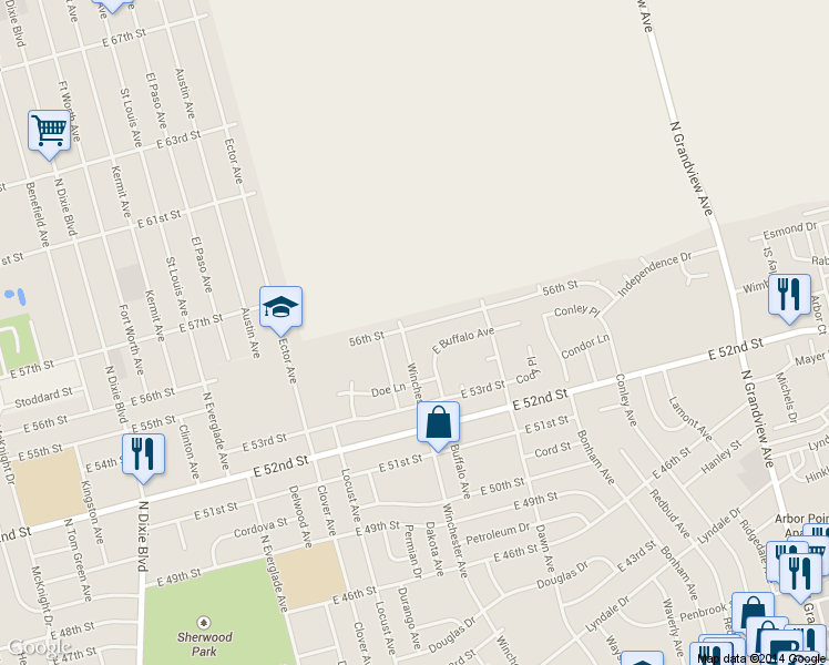 map of restaurants, bars, coffee shops, grocery stores, and more near 1704 East 56th Street in Odessa