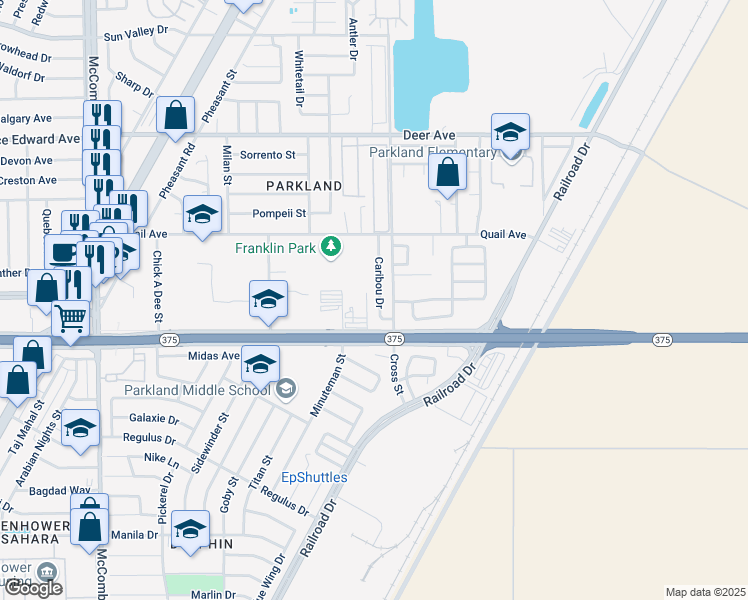 map of restaurants, bars, coffee shops, grocery stores, and more near 10015 Caribou Drive in El Paso