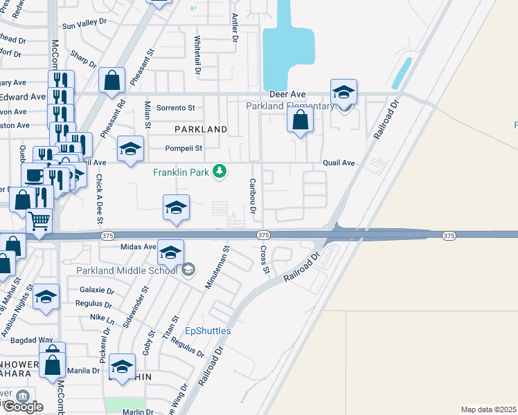 map of restaurants, bars, coffee shops, grocery stores, and more near 10015 Caribou Drive in El Paso