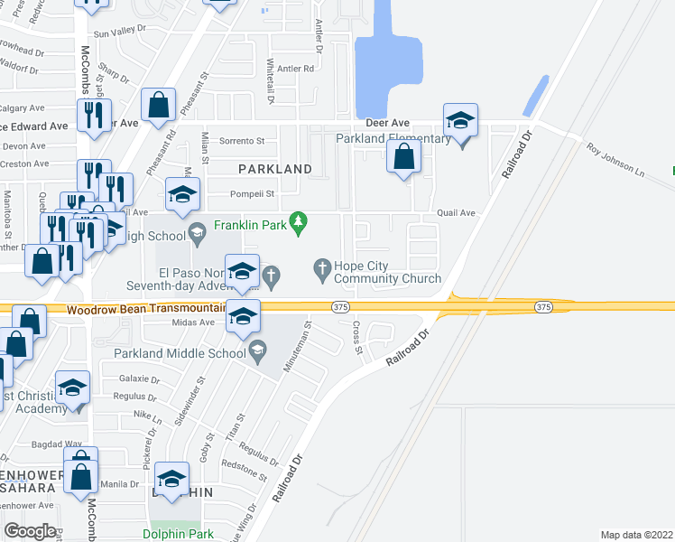 map of restaurants, bars, coffee shops, grocery stores, and more near 10015 Caribou Drive in El Paso