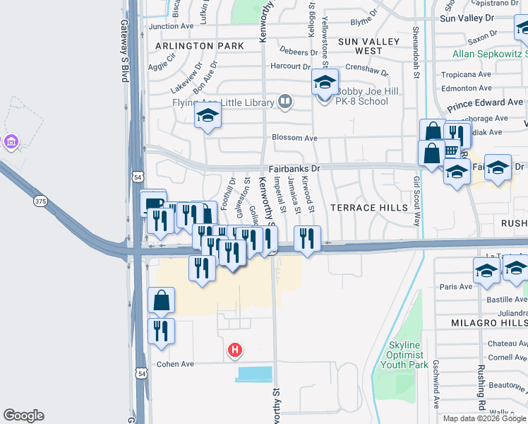 map of restaurants, bars, coffee shops, grocery stores, and more near 10028 Goliad Drive in El Paso