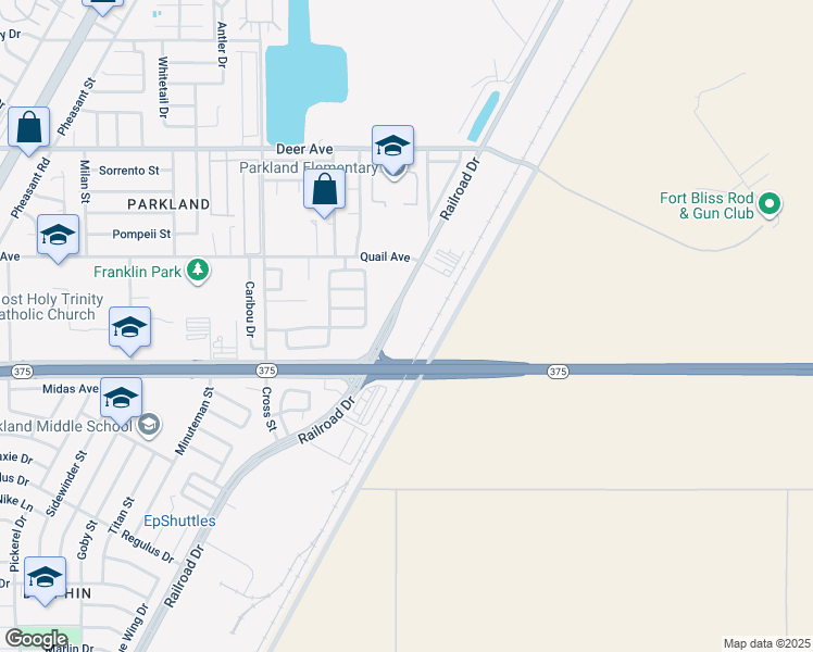 map of restaurants, bars, coffee shops, grocery stores, and more near 10050 Railroad Drive in El Paso