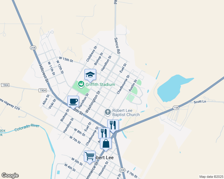 map of restaurants, bars, coffee shops, grocery stores, and more near 110 14th Street in Robert Lee