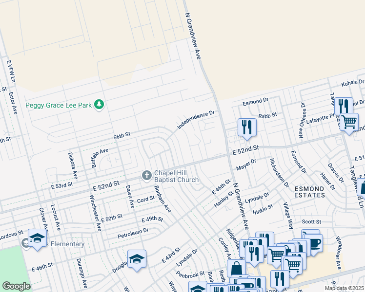 map of restaurants, bars, coffee shops, grocery stores, and more near 2220 East 52nd Street in Odessa