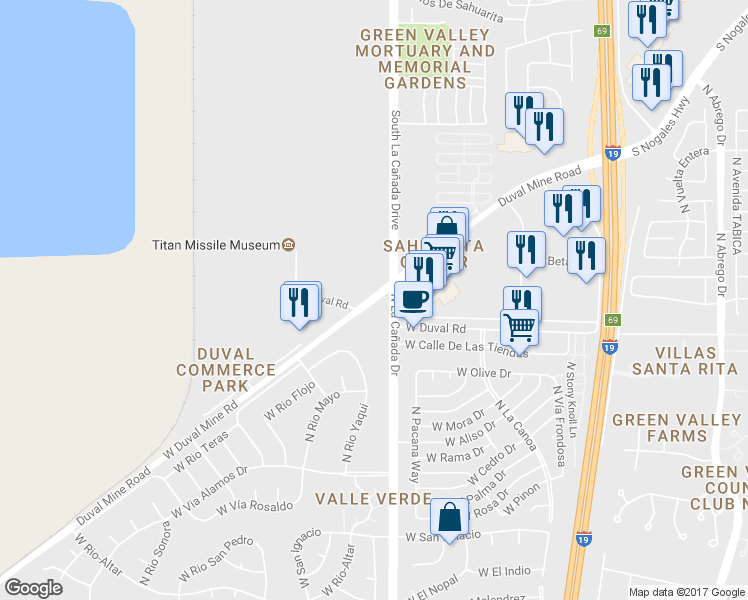 map of restaurants, bars, coffee shops, grocery stores, and more near 301 Duval Mine Road in Sahuarita