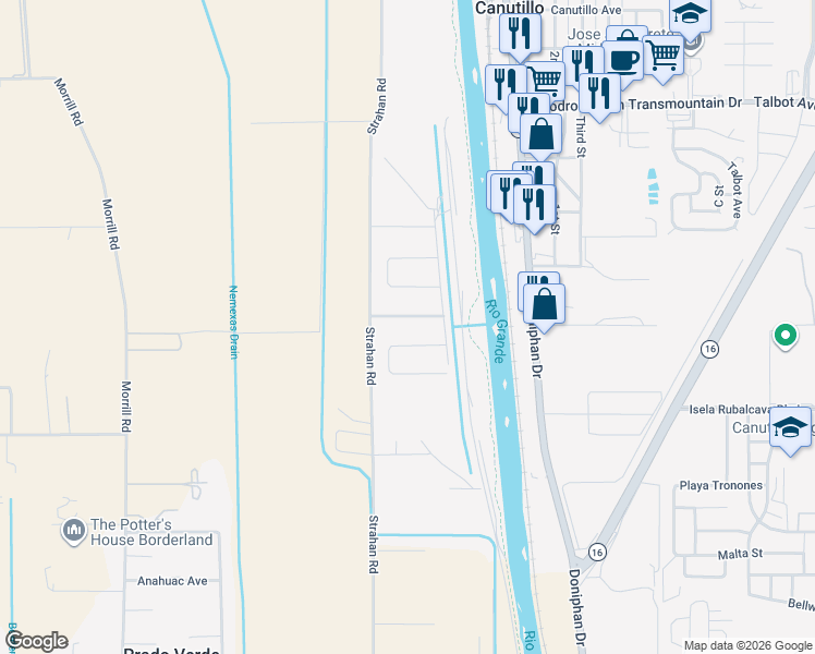 map of restaurants, bars, coffee shops, grocery stores, and more near 332 Rio Del Rancho Court in El Paso