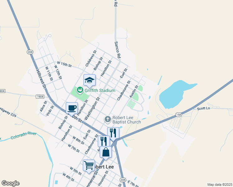 map of restaurants, bars, coffee shops, grocery stores, and more near 110 14th Street in Robert Lee