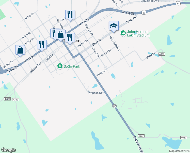 map of restaurants, bars, coffee shops, grocery stores, and more near Ross Graves Drive in Timpson