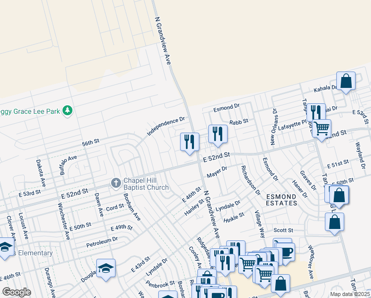 map of restaurants, bars, coffee shops, grocery stores, and more near 2237 East 52nd Street in Odessa