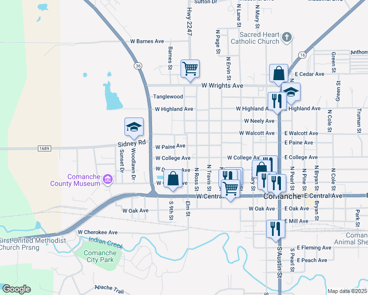 map of restaurants, bars, coffee shops, grocery stores, and more near 400 North Elm Street in Comanche