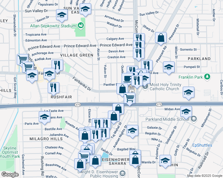 map of restaurants, bars, coffee shops, grocery stores, and more near 5633 Fairbanks Drive in El Paso
