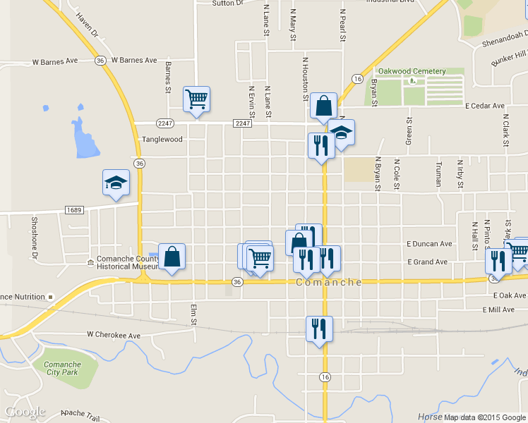 map of restaurants, bars, coffee shops, grocery stores, and more near 405 North Lane Street in Comanche
