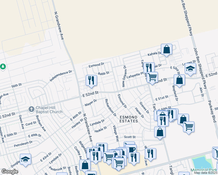 map of restaurants, bars, coffee shops, grocery stores, and more near 5144 Richardson Drive in Odessa