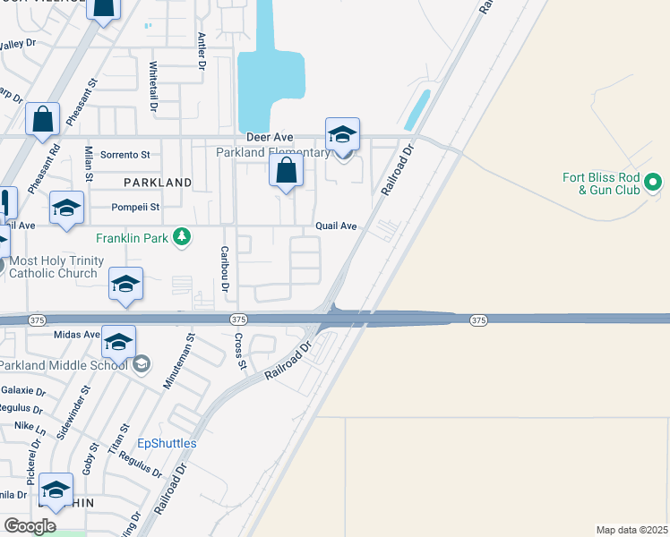 map of restaurants, bars, coffee shops, grocery stores, and more near 10050 Railroad Drive in El Paso