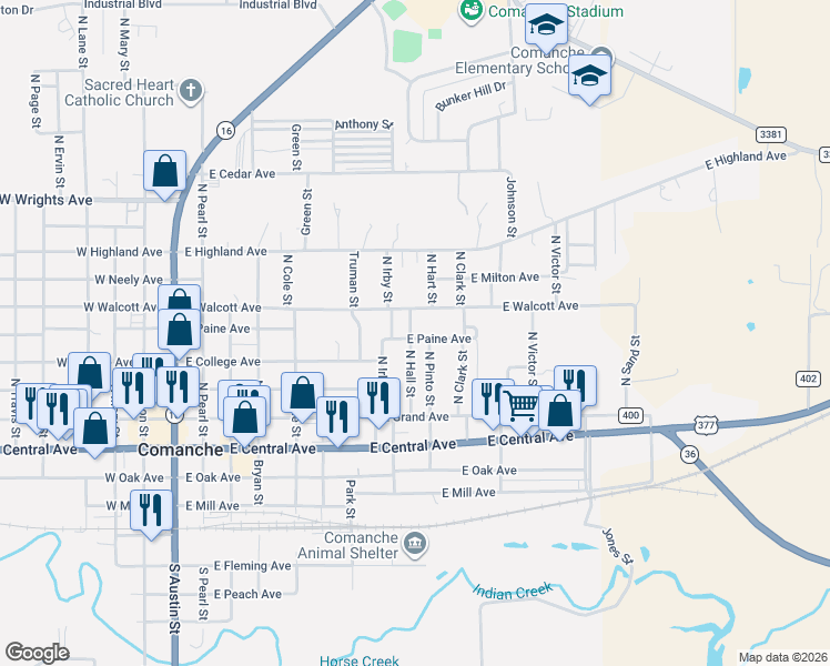 map of restaurants, bars, coffee shops, grocery stores, and more near 305 North Hall Street in Comanche