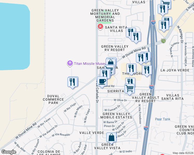 map of restaurants, bars, coffee shops, grocery stores, and more near 301-379 West Duval Mine Road in Sahuarita