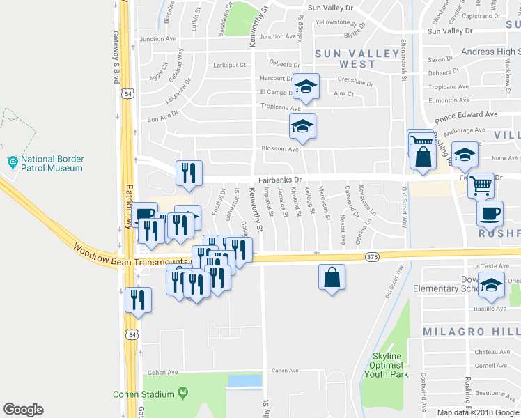 map of restaurants, bars, coffee shops, grocery stores, and more near 10052 Kenworthy Street in El Paso