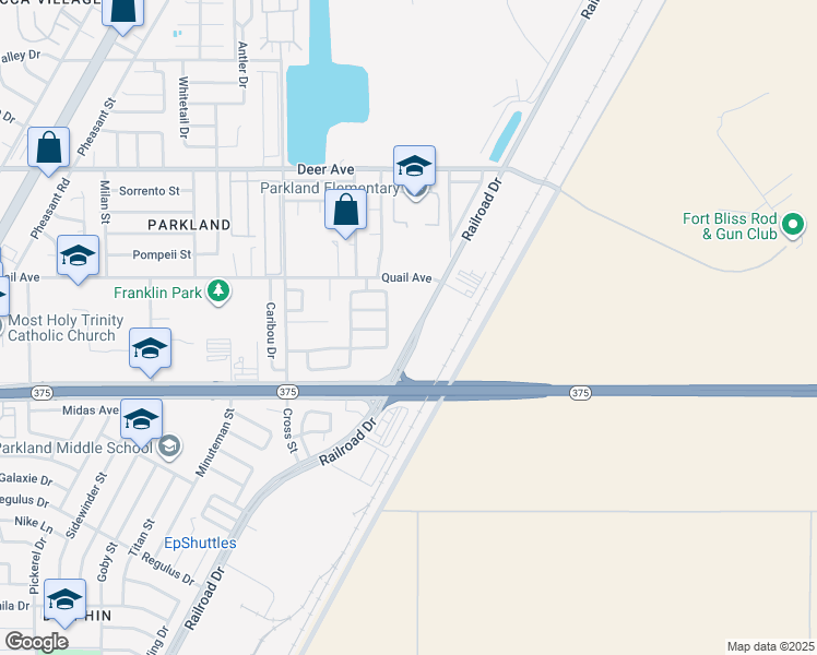 map of restaurants, bars, coffee shops, grocery stores, and more near 10033 Railroad Drive in El Paso