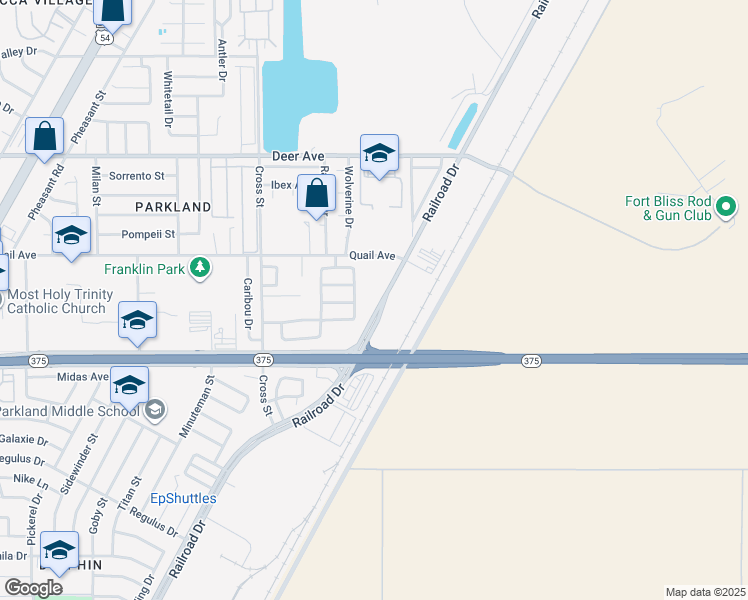 map of restaurants, bars, coffee shops, grocery stores, and more near 10033 Railroad Drive in El Paso
