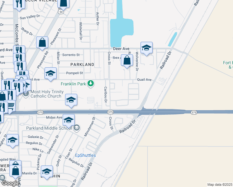 map of restaurants, bars, coffee shops, grocery stores, and more near 6243 Oryx Circle in El Paso
