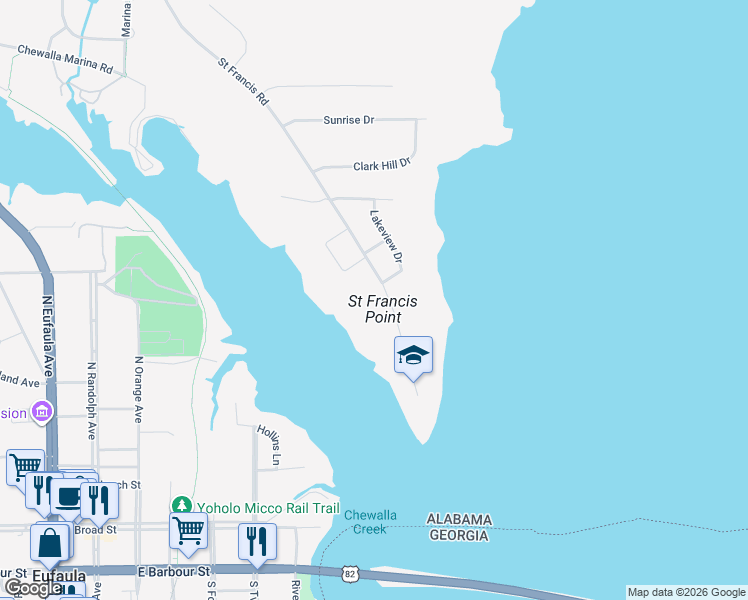 map of restaurants, bars, coffee shops, grocery stores, and more near 102 Creek Cir in Eufaula