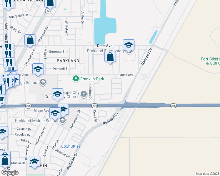 map of restaurants, bars, coffee shops, grocery stores, and more near 10049 Paloma Drive in El Paso