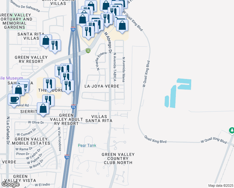 map of restaurants, bars, coffee shops, grocery stores, and more near 312 East Calle Cerita in Green Valley
