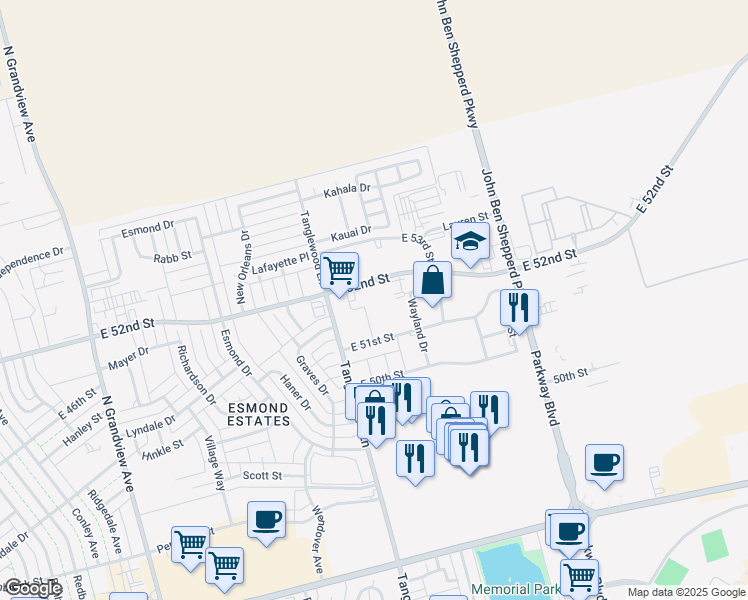 map of restaurants, bars, coffee shops, grocery stores, and more near 4113 East 52nd Street in Odessa