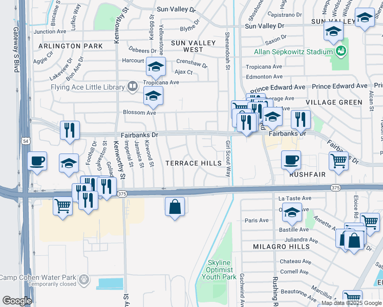 map of restaurants, bars, coffee shops, grocery stores, and more near 10081 Oakwood Drive in El Paso