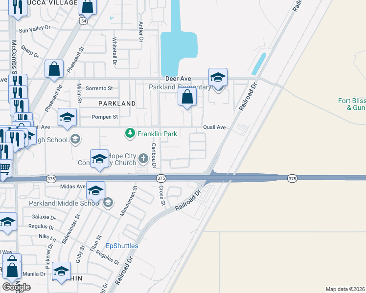 map of restaurants, bars, coffee shops, grocery stores, and more near 10049 Paloma Drive in El Paso